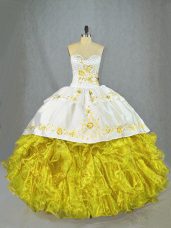 Yellow Sweetheart Neckline Beading and Embroidery and Ruffles Quince Ball Gowns Sleeveless Lace Up