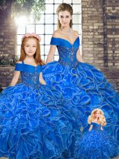 Smart Royal Blue Organza Lace Up Off The Shoulder Sleeveless Floor Length Sweet 16 Dress Beading and Ruffles