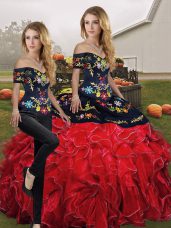Ideal Red And Black Lace Up Off The Shoulder Embroidery and Ruffles Vestidos de Quinceanera Organza Sleeveless