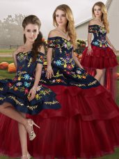 Most Popular Wine Red Ball Gowns Tulle Off The Shoulder Sleeveless Embroidery and Ruffled Layers Lace Up Quinceanera Gowns Brush Train