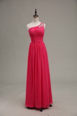 Hot Pink Zipper Dress for Prom Beading and Ruching Sleeveless Floor Length