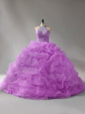 Stylish Lilac Halter Top Neckline Beading and Pick Ups Sweet 16 Dresses Sleeveless Lace Up