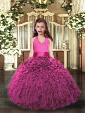 Hot Pink Sleeveless Ruffles Floor Length Teens Party Dress