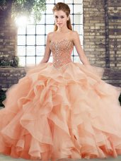 Nice Peach Ball Gown Prom Dress Tulle Brush Train Sleeveless Beading and Ruffles