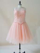Sleeveless Organza Mini Length Lace Up Juniors Party Dress in Pink with Beading