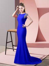 Sexy Royal Blue Homecoming Dress High-neck Short Sleeves Brush Train Backless