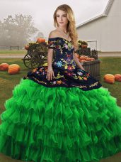 Superior Green Organza Lace Up Sweet 16 Dresses Sleeveless Floor Length Embroidery and Ruffled Layers