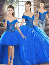 Royal Blue Sleeveless Beading Lace Up 15th Birthday Dress