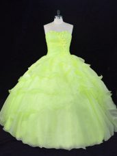 New Arrival Organza Sweetheart Sleeveless Lace Up Ruffles and Hand Made Flower Quinceanera Dresses in Yellow Green