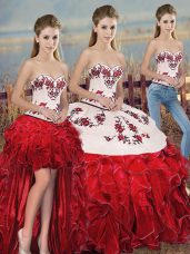 On Sale Sleeveless Floor Length Embroidery and Ruffles and Bowknot Lace Up Quinceanera Gowns with White And Red