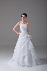 Romantic Sleeveless Brush Train Hand Made Flower Lace Up Wedding Gown