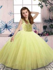 Glorious Yellow Green Tulle Lace Up Scoop Sleeveless Floor Length Pageant Dress for Teens Beading
