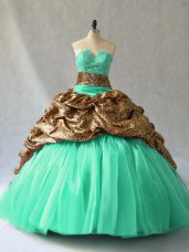 Ideal Turquoise Sleeveless Organza Brush Train Lace Up Quinceanera Dress for Sweet 16 and Quinceanera