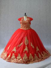 Captivating Ball Gowns Sleeveless Red Quinceanera Gowns Court Train Lace Up