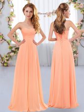 Sleeveless Floor Length Ruching Lace Up Quinceanera Court of Honor Dress with Peach