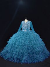 Organza V-neck Long Sleeves Lace Up Beading and Ruffled Layers Quince Ball Gowns in Teal