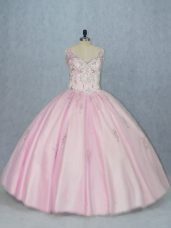 Inexpensive Sleeveless Floor Length Beading and Appliques Backless Ball Gown Prom Dress with Baby Pink