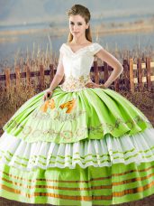 Exquisite Satin Lace Up V-neck Sleeveless Floor Length Sweet 16 Quinceanera Dress Embroidery and Ruffled Layers