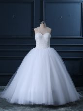 Chic Brush Train Ball Gowns Wedding Gowns White Sweetheart Tulle Sleeveless Lace Up
