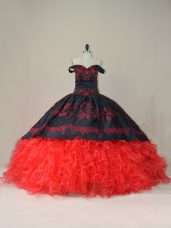 Fashion Lace Up Quinceanera Gowns Red And Black for Sweet 16 and Quinceanera with Embroidery and Ruffles Brush Train