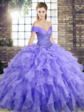 Exquisite Sleeveless Beading and Ruffles Lace Up Sweet 16 Dresses with Lavender Brush Train