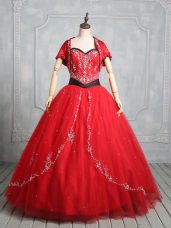 Floor Length Red Vestidos de Quinceanera Tulle Sleeveless Embroidery