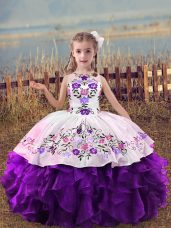 Dazzling Scoop Sleeveless Child Pageant Dress Floor Length Embroidery and Ruffles Purple Organza
