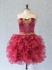Sleeveless Organza Mini Length Lace Up Prom Gown in Wine Red with Embroidery and Ruffles