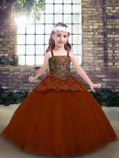Low Price Rust Red Kids Pageant Dress Party and Military Ball and Wedding Party with Beading and Lace Straps Sleeveless Lace Up
