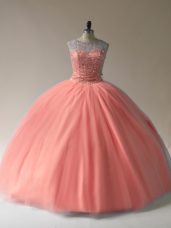 Peach Tulle Lace Up Scoop Sleeveless Floor Length Quinceanera Gowns Beading