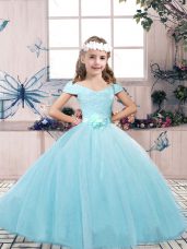 Lovely Off The Shoulder Sleeveless Lace Up Kids Formal Wear Aqua Blue Tulle