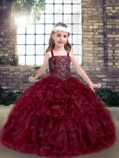 Burgundy Ball Gowns Organza Straps Sleeveless Beading and Ruffles Floor Length Lace Up Kids Pageant Dress