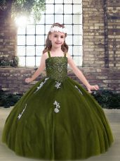 Little Girls Pageant Dress Olive Green Strapless Tulle Sleeveless Floor Length Lace Up
