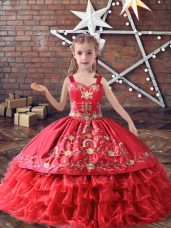 Red Lace Up Pageant Gowns For Girls Embroidery and Ruffled Layers Sleeveless Floor Length
