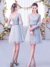 On Sale Grey Scoop Neckline Lace Court Dresses for Sweet 16 Half Sleeves Lace Up