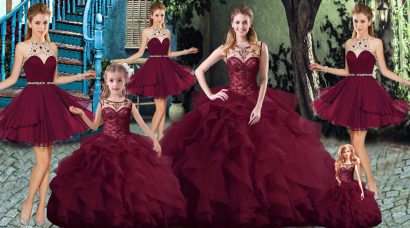 High Quality Burgundy Ball Gowns Beading and Ruffles Quinceanera Gowns Lace Up Tulle Sleeveless