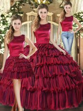 Great Floor Length Wine Red Ball Gown Prom Dress Organza Sleeveless Ruffled Layers