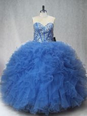 Blue Tulle Lace Up Sweetheart Sleeveless Floor Length 15 Quinceanera Dress Beading and Ruffles