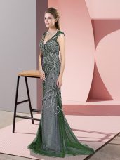 Beautiful Green Sleeveless Tulle Sweep Train Zipper Prom Gown for Prom and Party