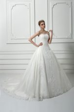 Shining Sweetheart Sleeveless Tulle Wedding Gown Beading and Lace Court Train Lace Up