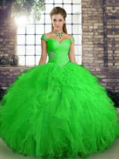 Fabulous Ball Gowns Quinceanera Gowns Green Off The Shoulder Tulle Sleeveless Floor Length Lace Up