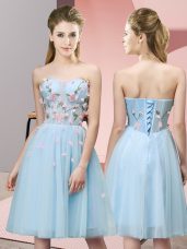 Sleeveless Tulle Knee Length Lace Up Wedding Guest Dresses in Light Blue with Appliques