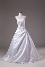 White Wedding Gowns Wedding Party with Beading Strapless Sleeveless Brush Train Lace Up