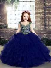 Floor Length Blue Little Girl Pageant Dress Straps Sleeveless Lace Up