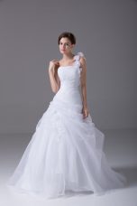 Organza One Shoulder Sleeveless Brush Train Lace Up Hand Made Flower Bridal Gown in White