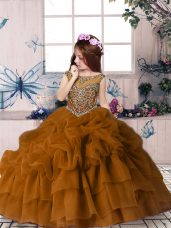 New Style Brown Ball Gowns Beading and Pick Ups Party Dress for Girls Zipper Organza Sleeveless Floor Length