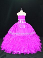Fuchsia Ball Gowns Organza Strapless Sleeveless Embroidery and Ruffles Floor Length Lace Up 15th Birthday Dress