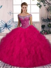 Hot Pink Quinceanera Gowns Sweet 16 and Quinceanera with Beading and Ruffles Off The Shoulder Sleeveless Brush Train Lace Up