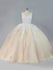 Scoop Sleeveless Court Train Zipper Quinceanera Gown Champagne Tulle