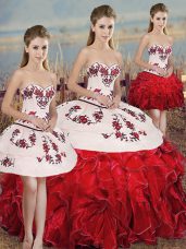 Sleeveless Organza Floor Length Lace Up 15th Birthday Dress in White And Red with Embroidery and Ruffles and Bowknot